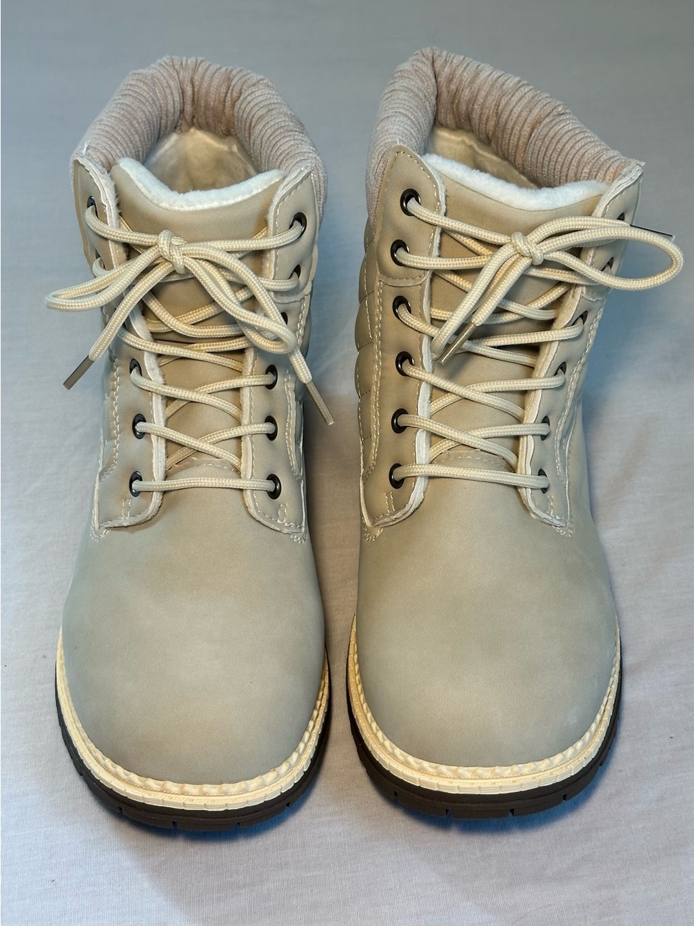 Beige Lace-Up Women's Winter Boots with Padded Collar